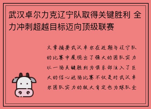 武汉卓尔力克辽宁队取得关键胜利 全力冲刺超越目标迈向顶级联赛