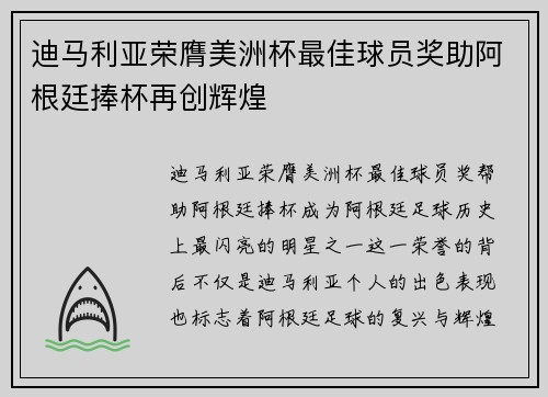 迪马利亚荣膺美洲杯最佳球员奖助阿根廷捧杯再创辉煌